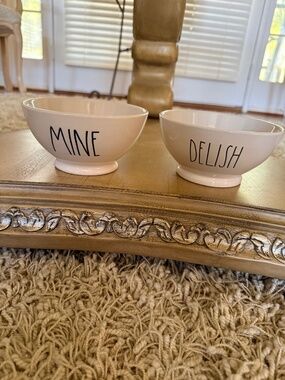 Rae Dunn Artesan Footed Bowls Cereal Soup "Mine" "Delish" White Set of 2